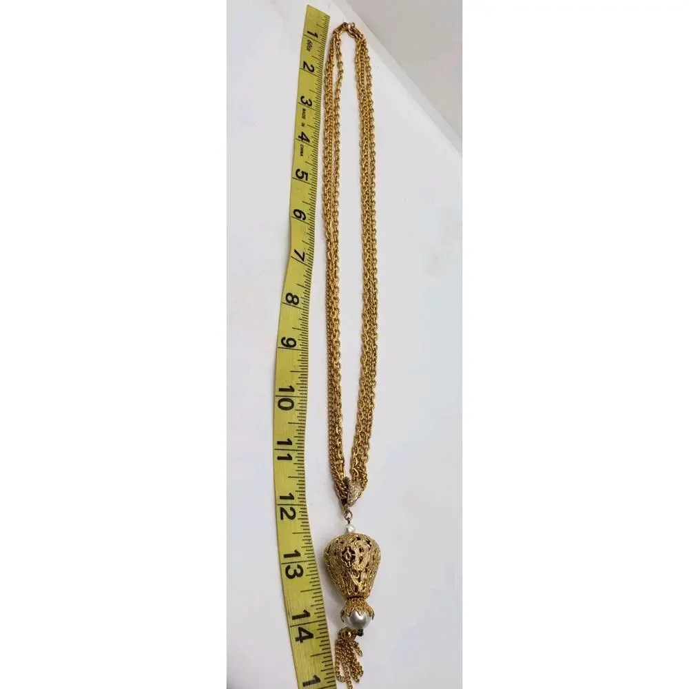 Vtg Pearl Pendant Necklace Tassel Triple Chain Gold Plated 70s Celebrity